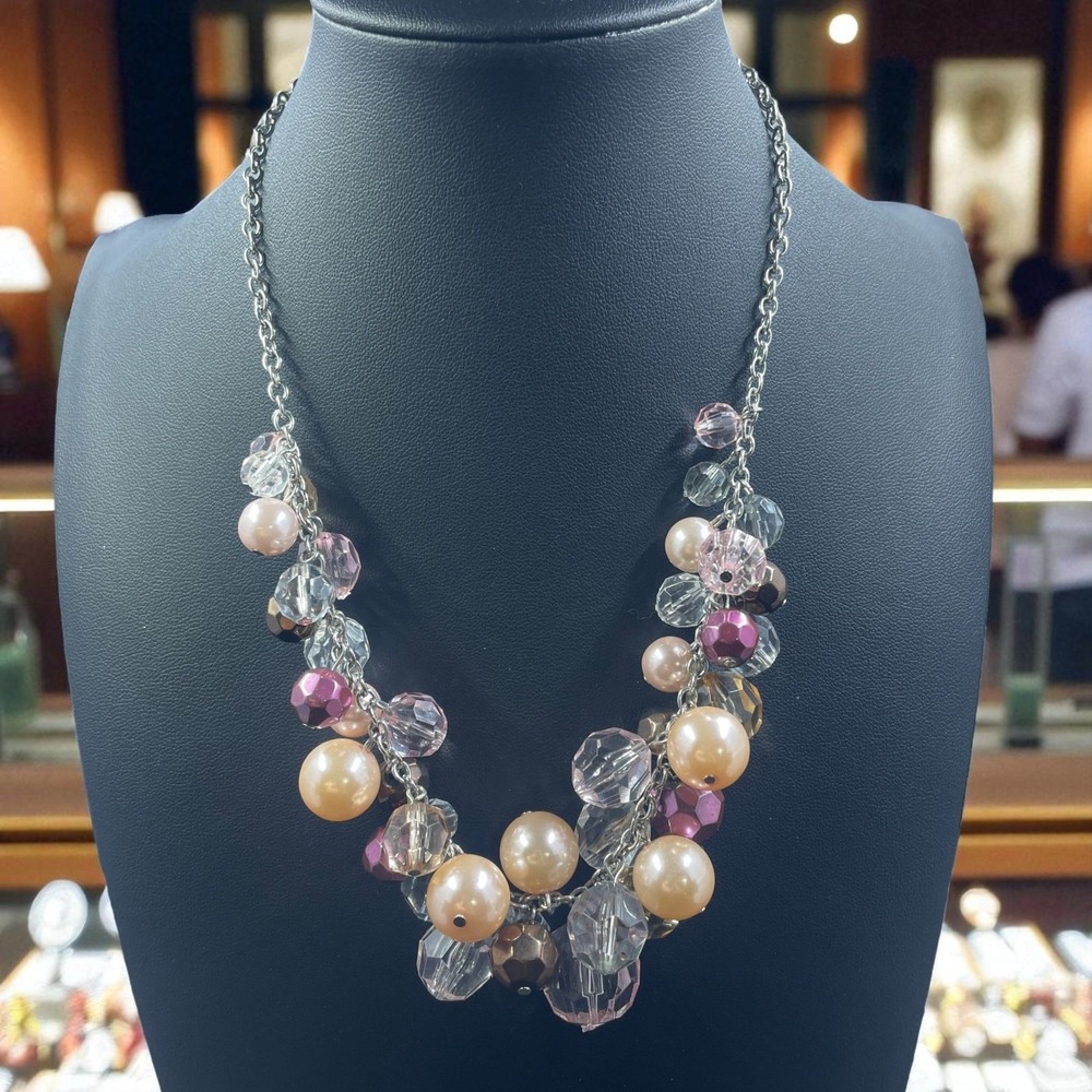 Statement Pearl Crystal Cluster Necklace Coquette‎ Glam Vintage Occasion 19"